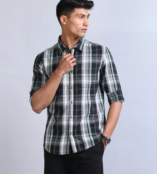 Men’s Black & White Corduroy Checked Slim Fit Shirt