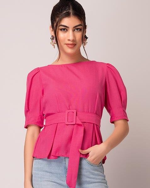 Hot Pink Peplum Top With Belt for Women