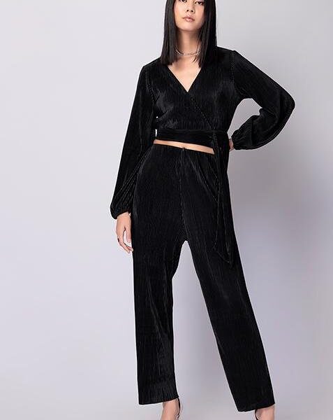 Black Peplum Wrap Top And Trousers Co-ord Set