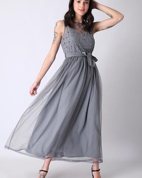 Grey Mesh Embellished Belted Maxi Dress