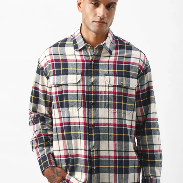 Men’s Beige & Blue Checked Oversized Shirt